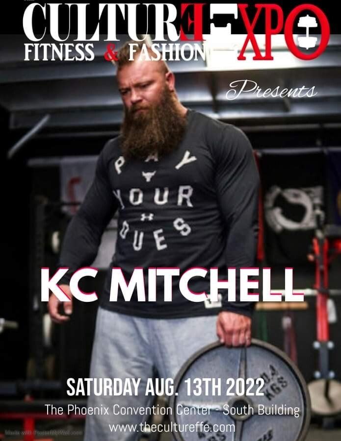 KC Mitchell at Culture Expo Fitness & Fashion poster, standing in a gym, holding a barbell.