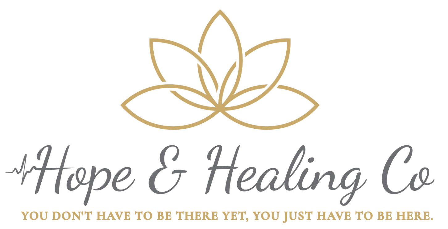 Gold lotus logo above script text “Hope & Healing Co” with tagline “You don’t have to be there yet, you just have to be here.”