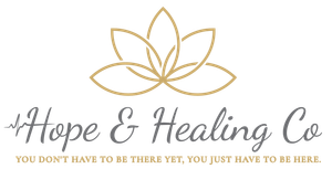 Gold lotus logo above script text “Hope & Healing Co” with tagline “You don’t have to be there yet, you just have to be here.”