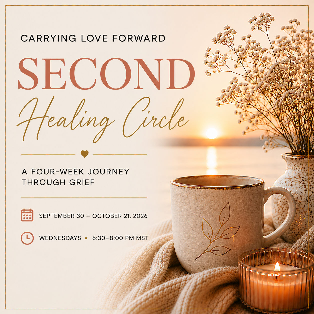 Second Cohort event flyer in warm beige tones with candle, mug, and flowers; September–October 2026 dates shown