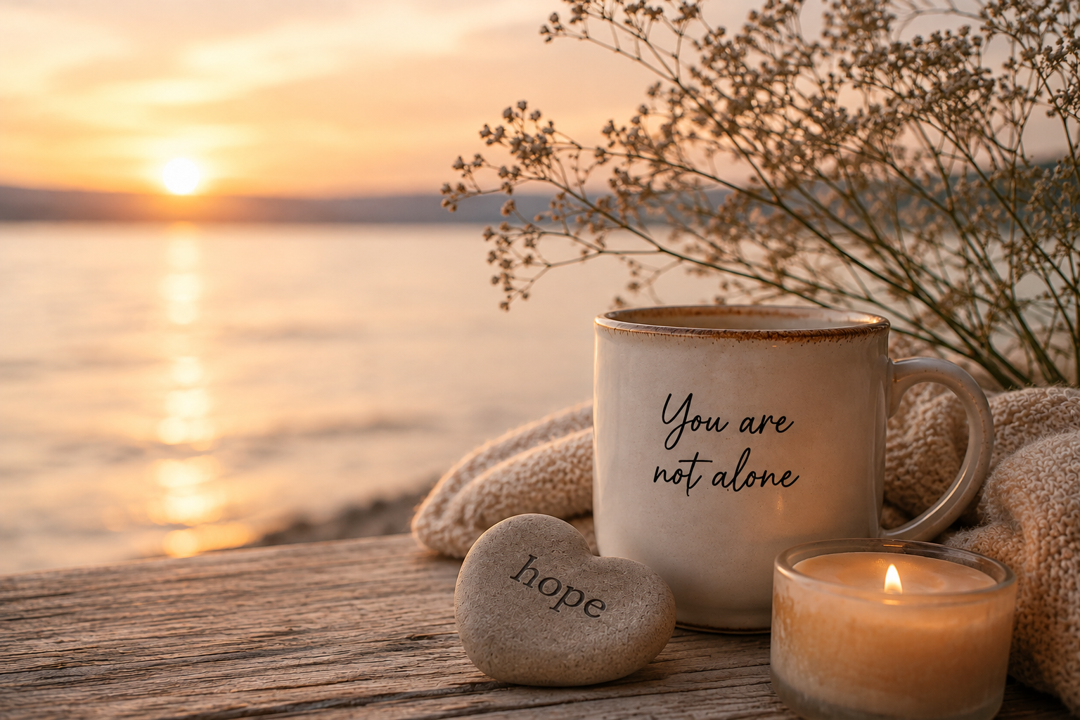 Mug and candle beside a heart stone on a wooden table, with a sunrise over calm water