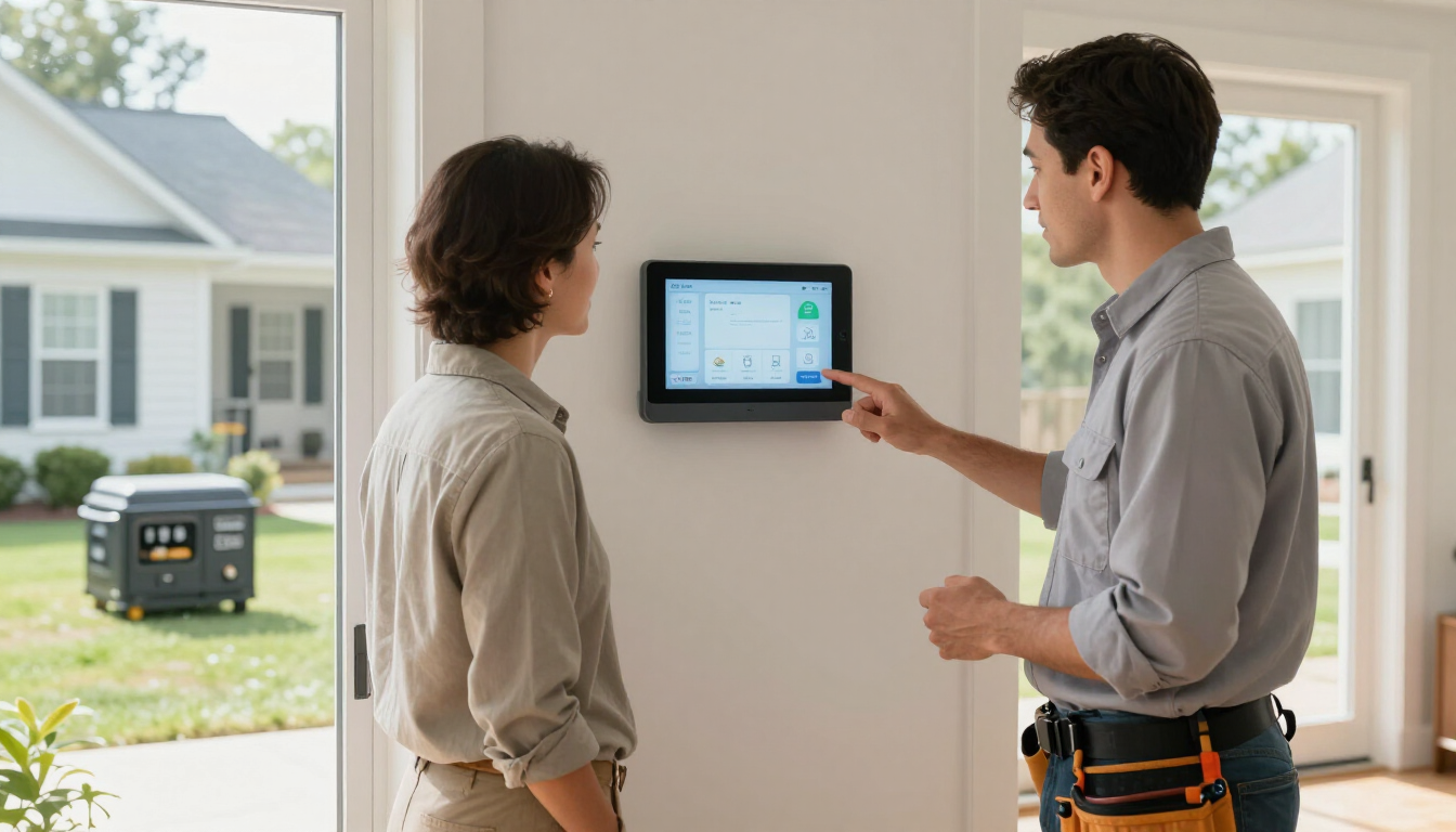Homeowner reviewing generator monitoring information with an electrician