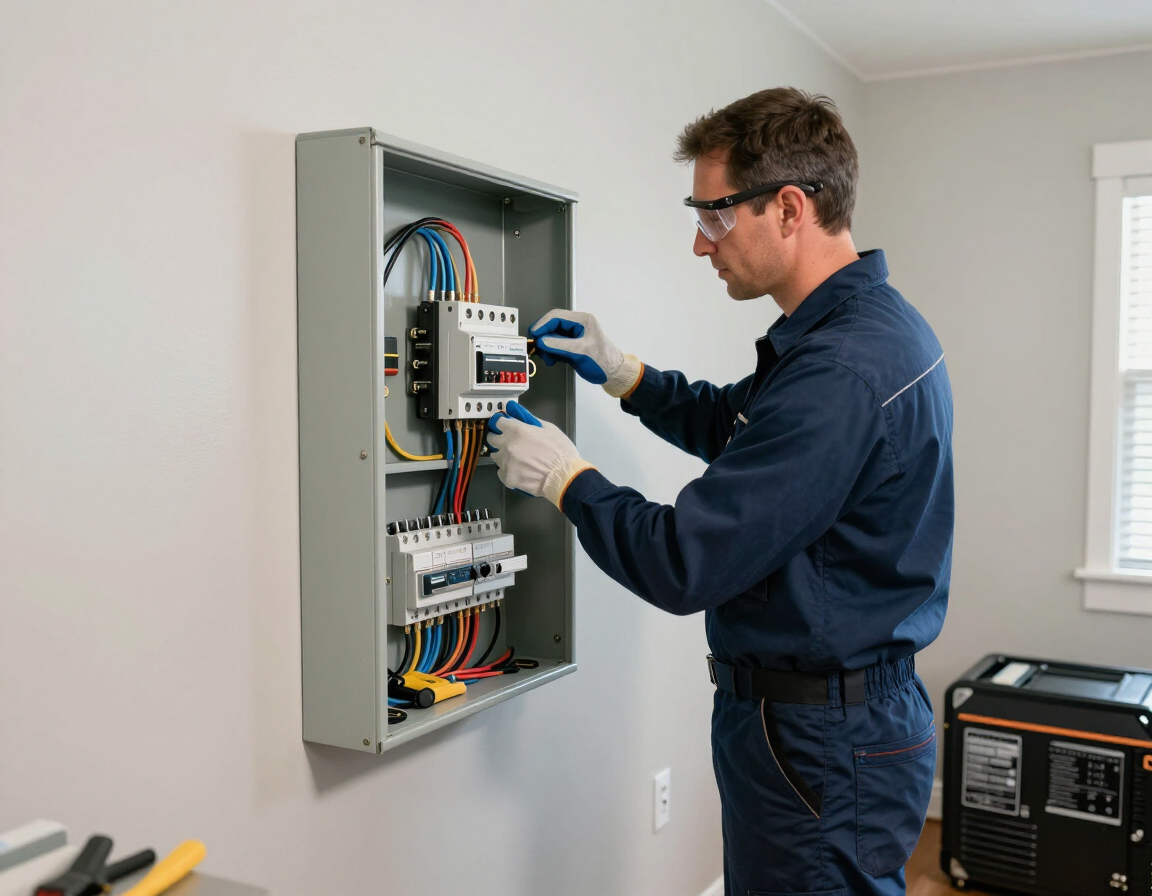 Technician installing a standby generator transfer switch