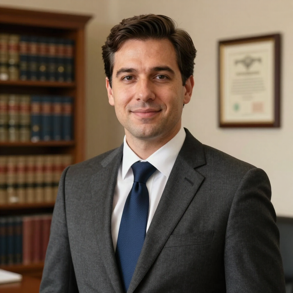 Professional man in a dark suit and blue tie standing in an office with bookshelves and framed certificate