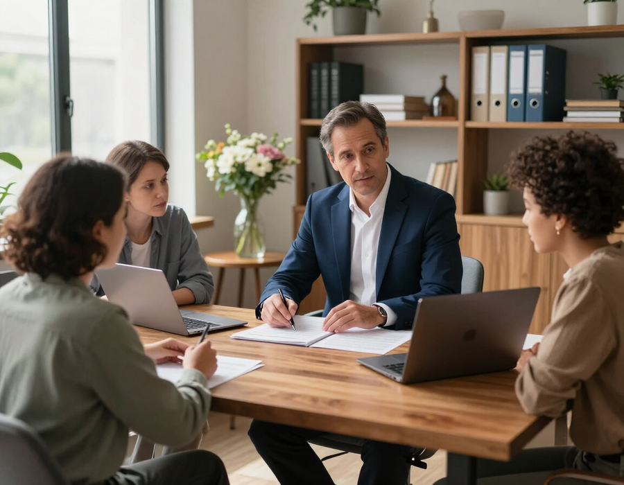 Team meeting around a wooden table in a bright office, with laptops, papers, and shelves in the background