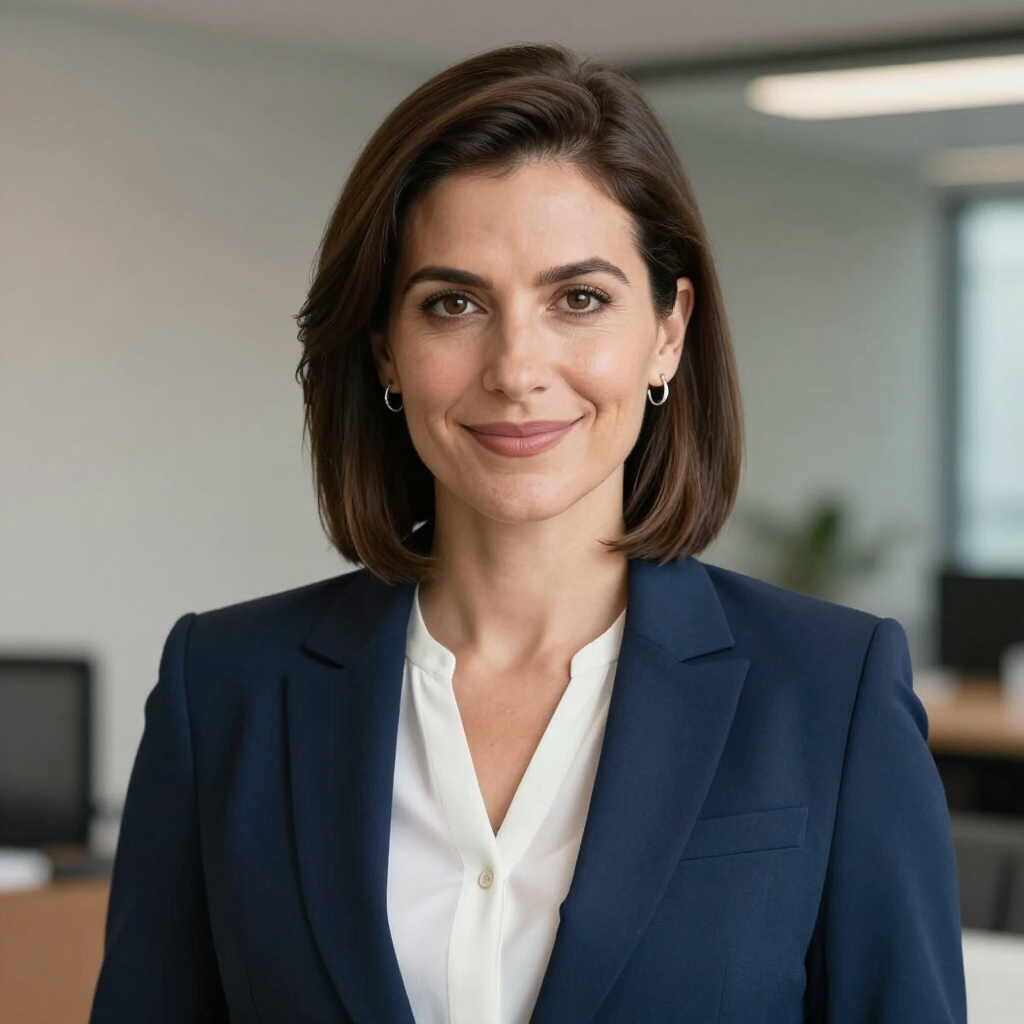 Professional portrait of a woman in a navy blazer and white blouse, smiling in an office setting