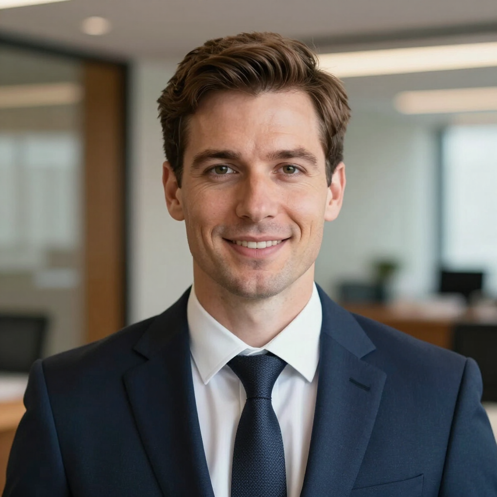 Smiling man in a navy suit and tie in a modern office setting