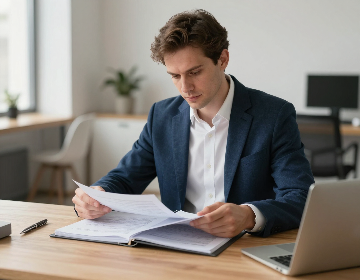Man in a navy blazer reading papers at a desk with an open notebook in a bright office
