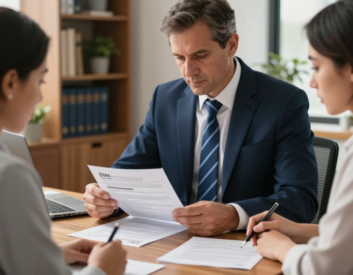 Three coworkers reviewing documents at a desk in a bright office