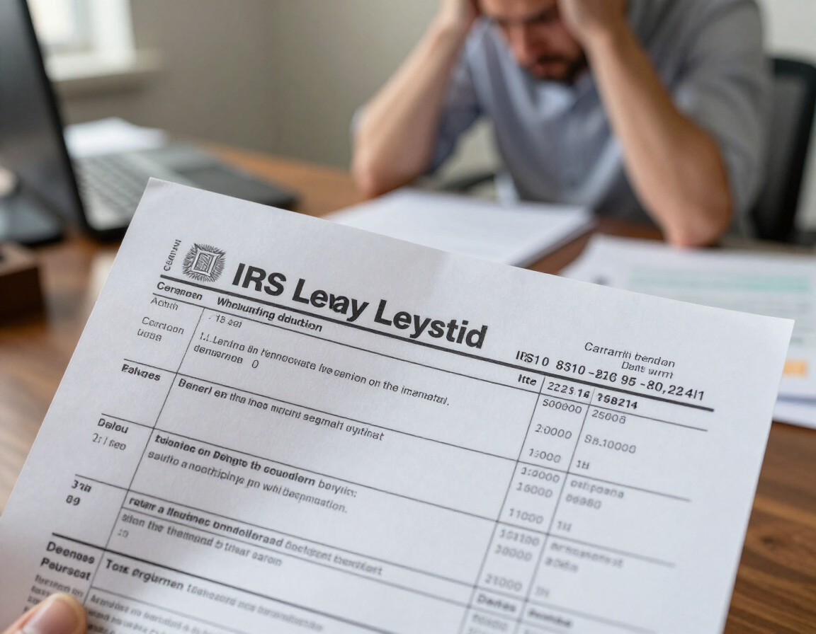 IRS levy notice held in foreground with a stressed person blurred in the background at a desk