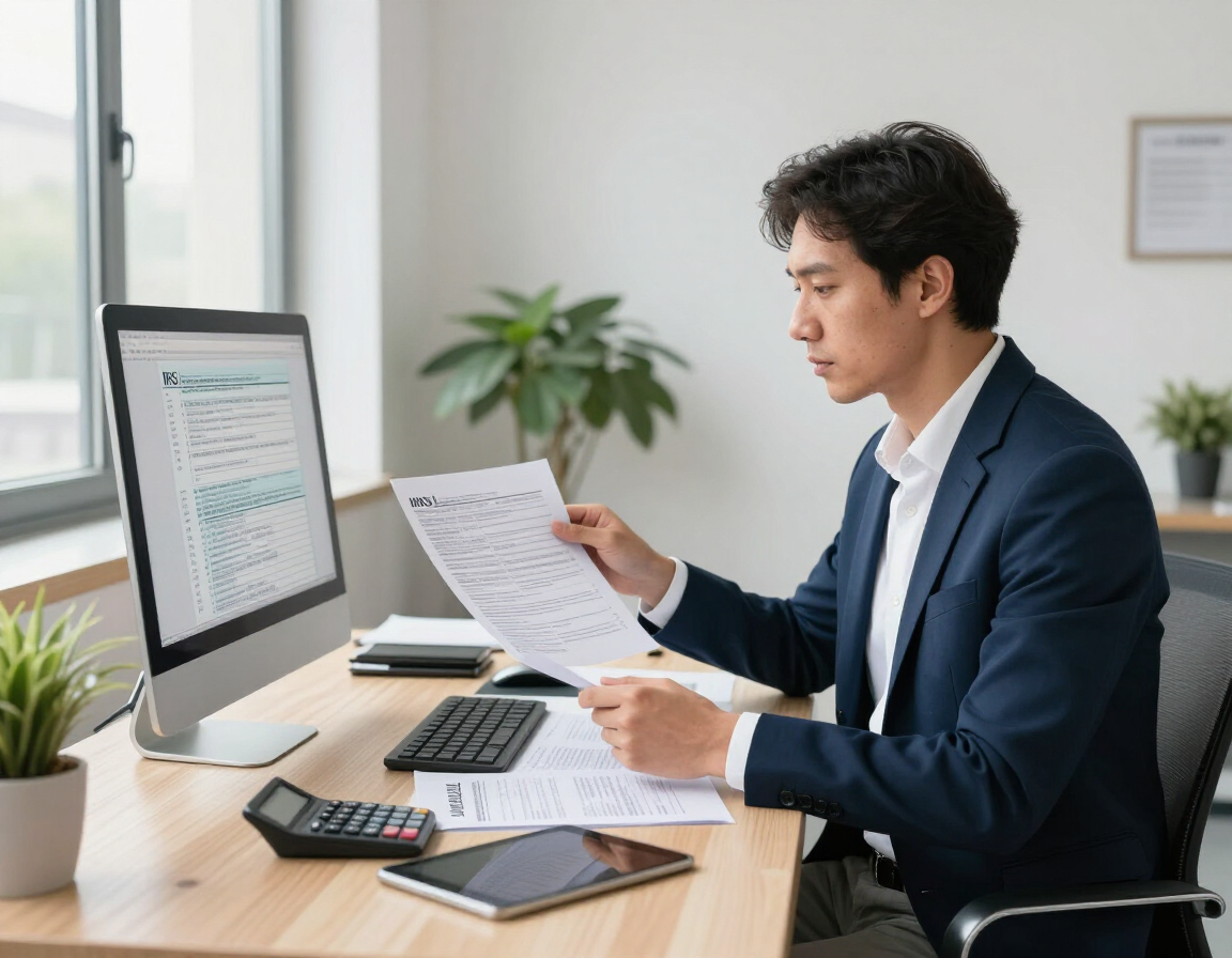 Man in a navy suit reading a document at a desk with a computer in a bright office