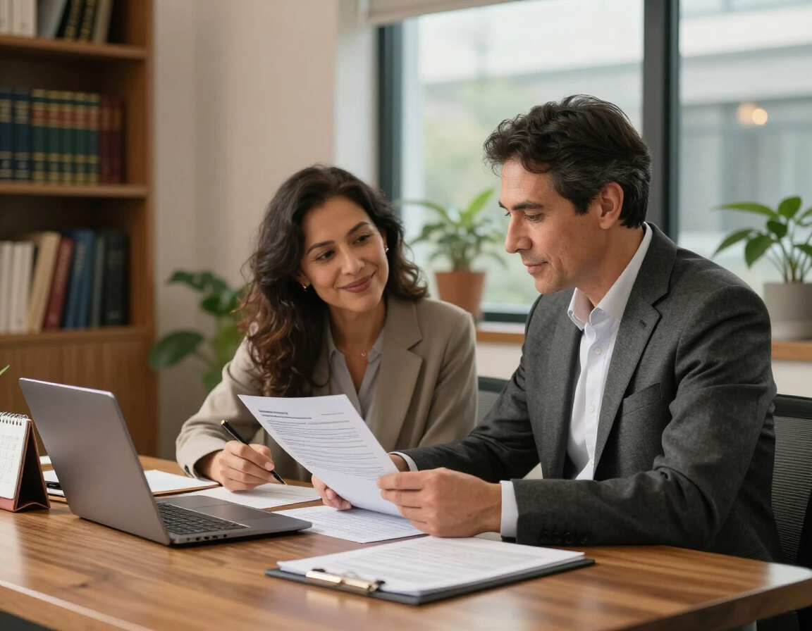 Two colleagues reviewing documents at a desk with a laptop in a bright office