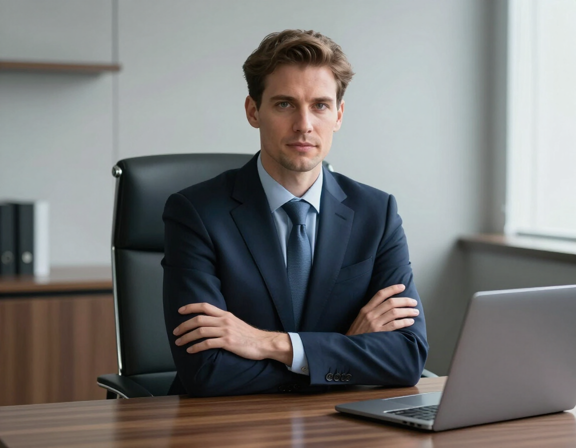 Business professional seated at a desk with a laptop in a modern office, arms crossed, looking at camera
