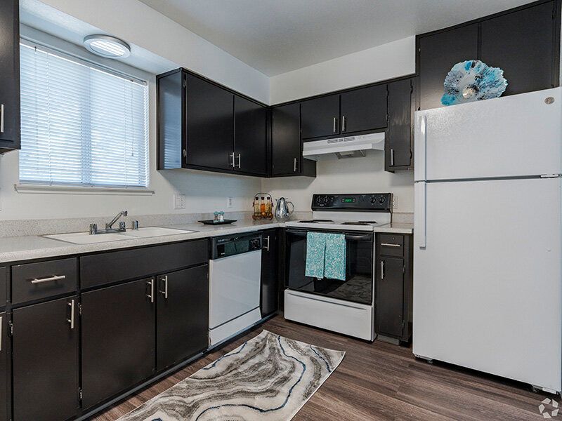 Modern apartment kitchen with black cabinets, white appliances, and a window above the sink at Reno Vista Apartments.