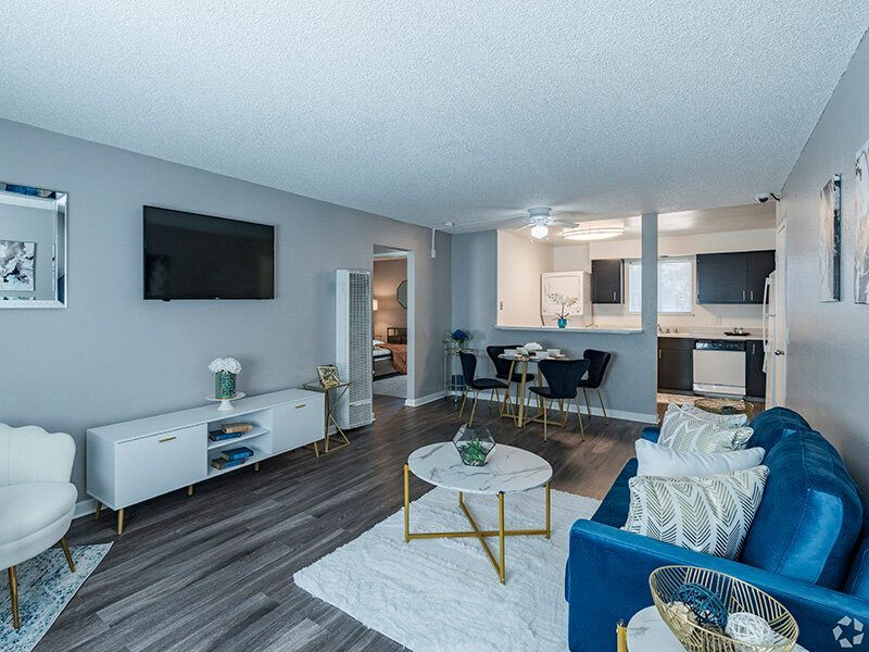 Open-concept living room with TV, sofa, coffee table, and open kitchen at Reno Vista Apartments.