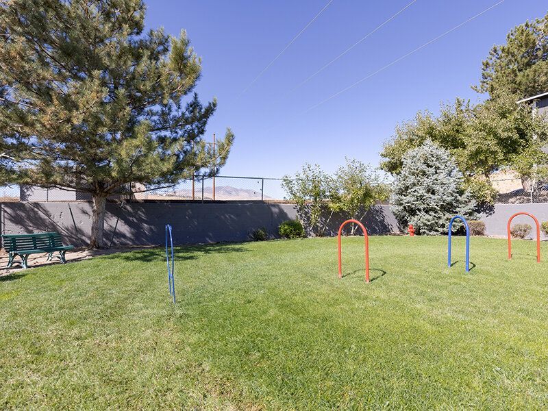 Open grassy community area with colorful metal play arches, a bench, and trees at Reno Vista Apartments.
