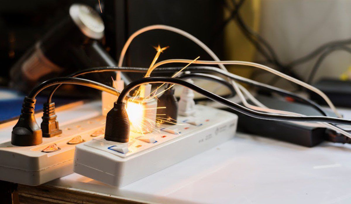 Power strip with tangled cables and a glowing plug on a desk