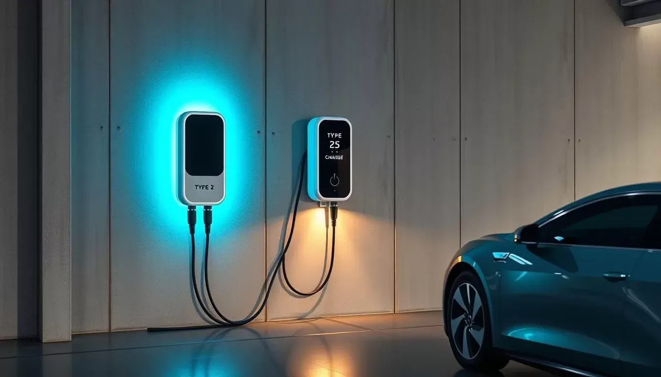 Two wall-mounted EV chargers glowing blue and orange beside a parked car in a garage