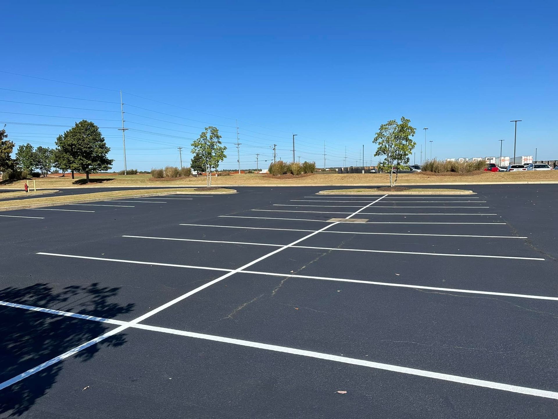 Empty asphalt parking lot with white lines, blue sky.