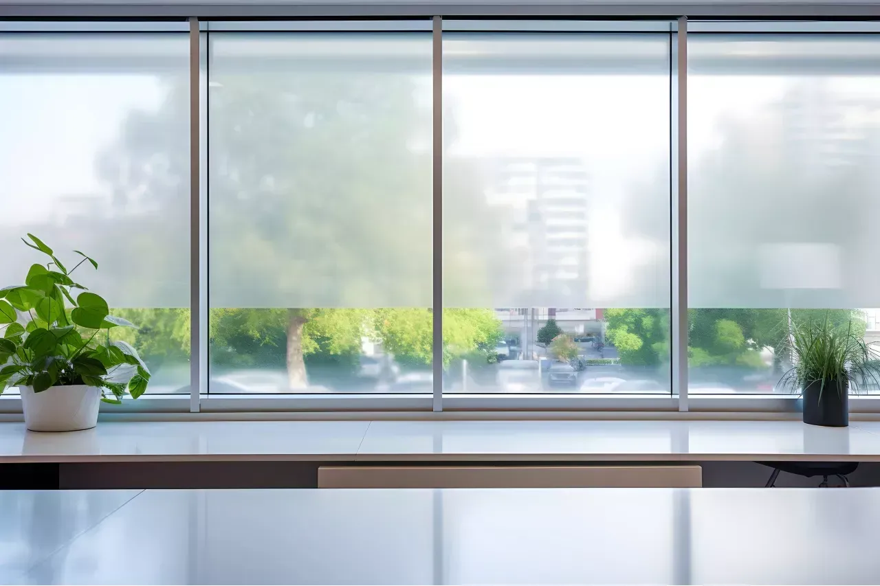 Bright modern room with large windows, potted plants, and a view of greenery outside