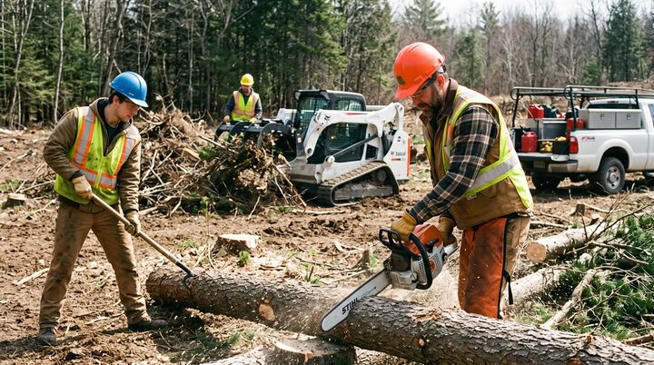 Tree service workers clearing land of trees