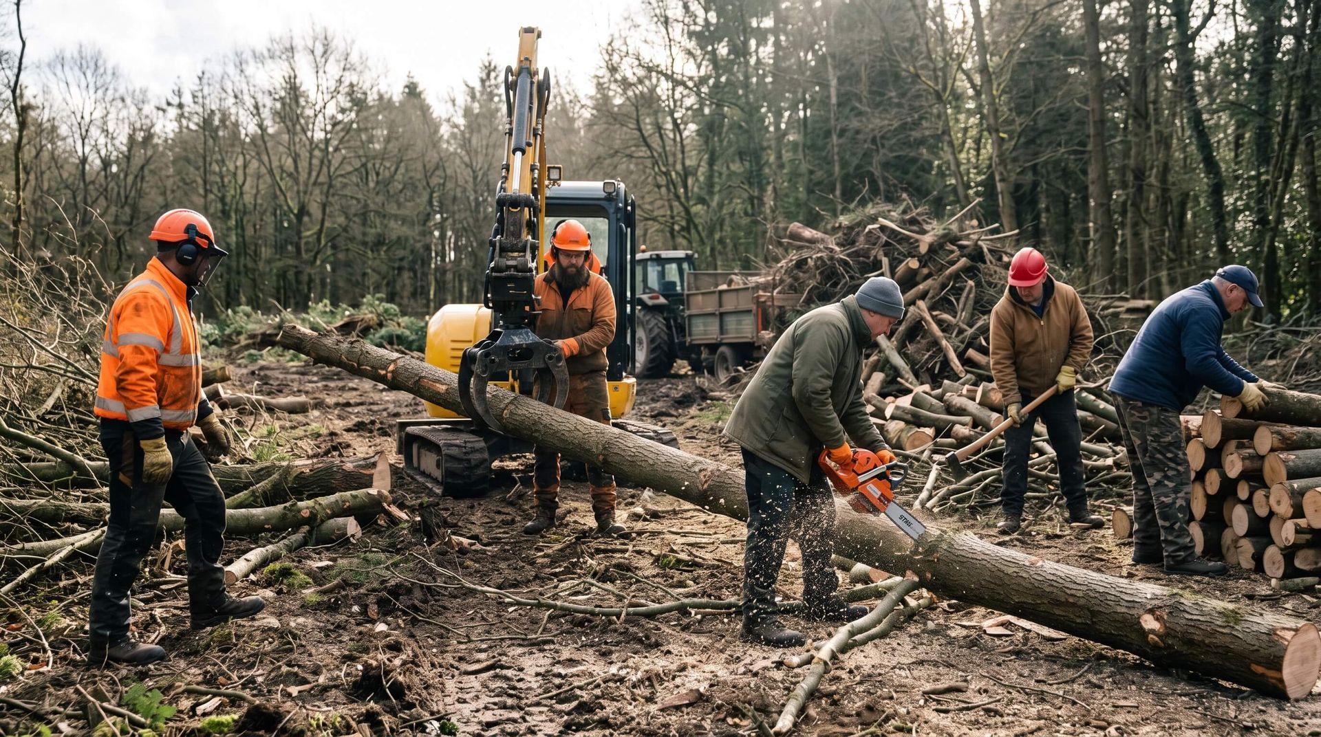 tree service workers securing cut down tree while clearing land