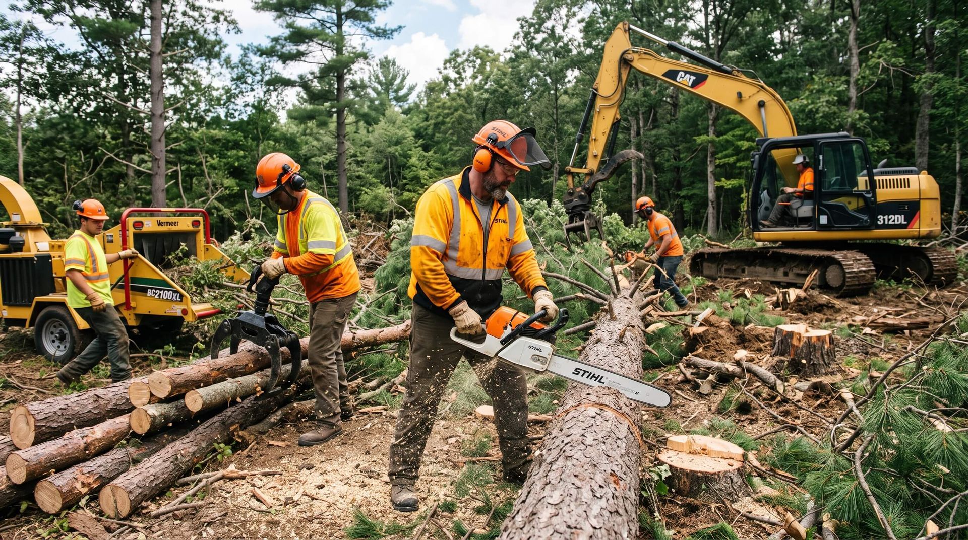 tree service workers using chainsaws to clear land of cut down trees