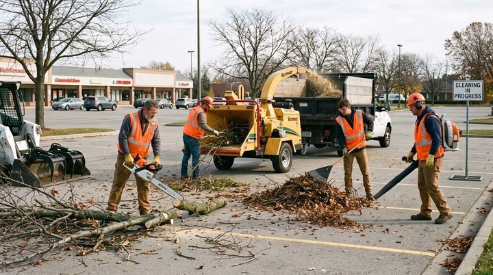 Tree service workers cleaning and maintaining parking lot of tree debris