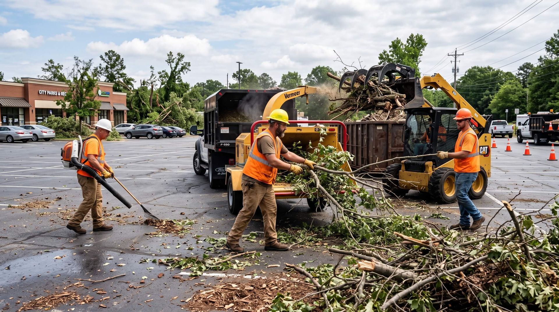 3 tree service workers placing tree debris in wood chipper to clear parking lot