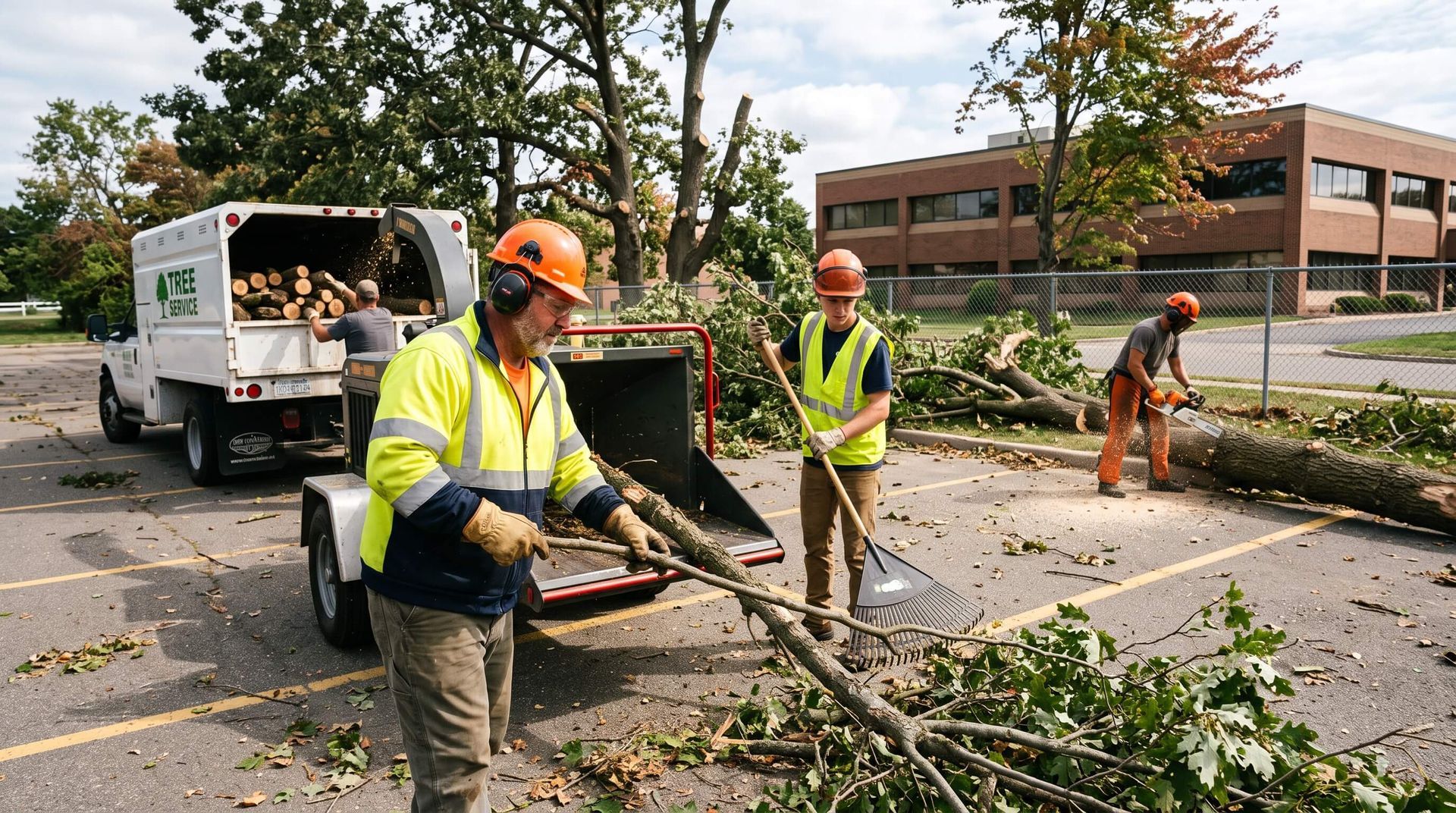 2 tree service workers cleaning parking lot filled with fallen tree branches