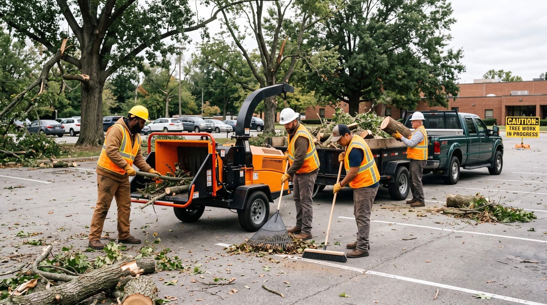 4 tree service workers cleaning up parking lot with the aid of heavy-duty machinery
