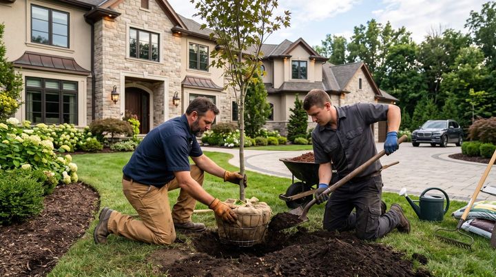 2 tree service workers planting a tree