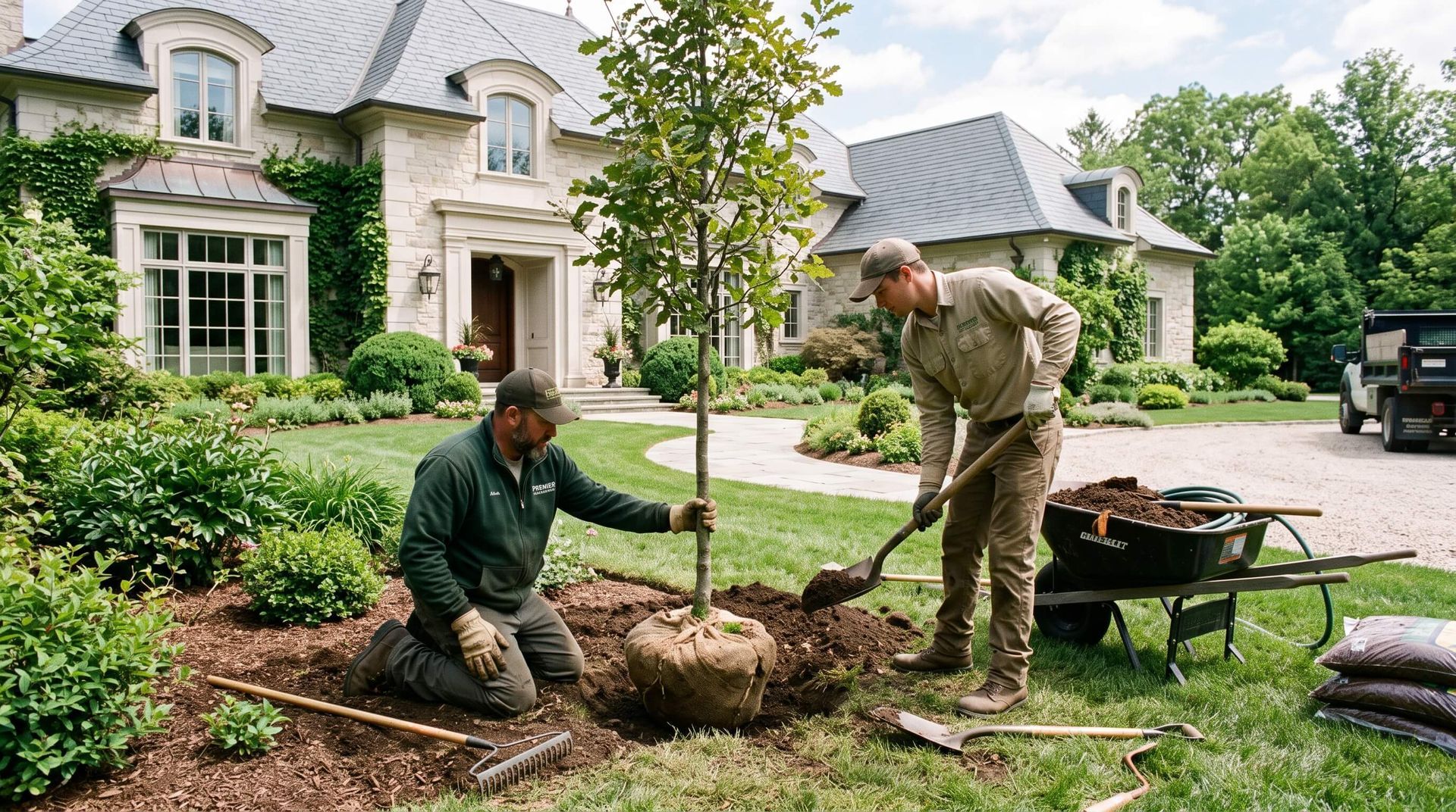 2 tree service workers planting tree in front yard