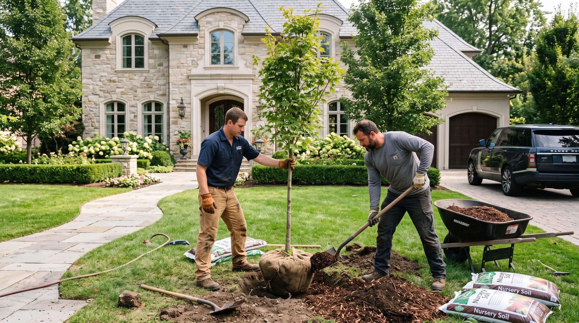2 tree service workers preparing to plant tree in front yard