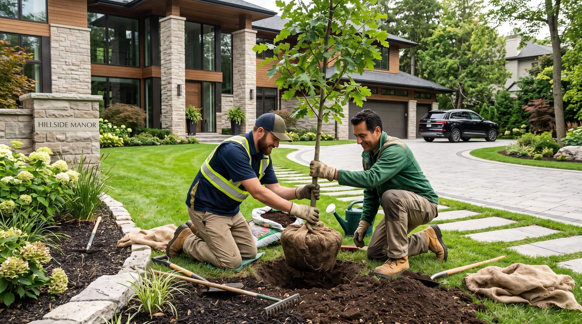 2 tree service workers placing new tree to be planted in front yard