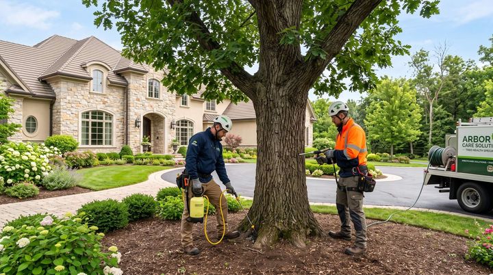 2 tree service workers applying tree health care to a tree