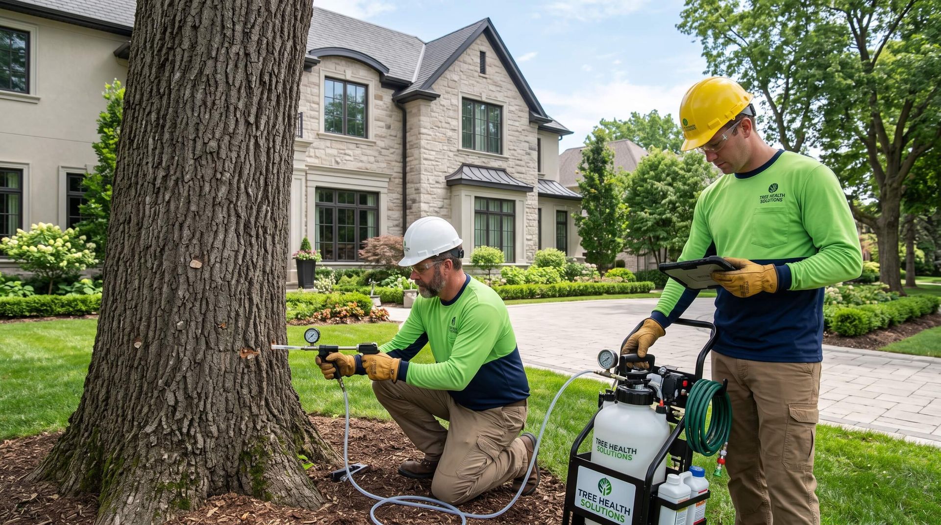 2 tree service workers spraying tree