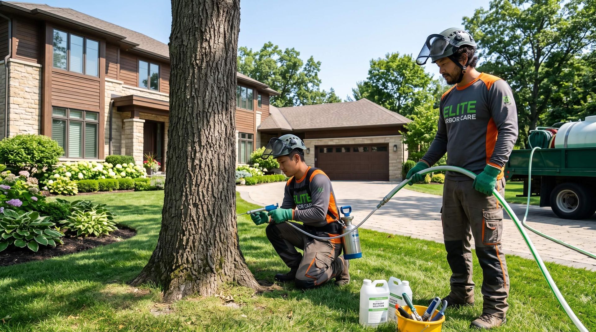 tree service worker sprays tree while another holds hose