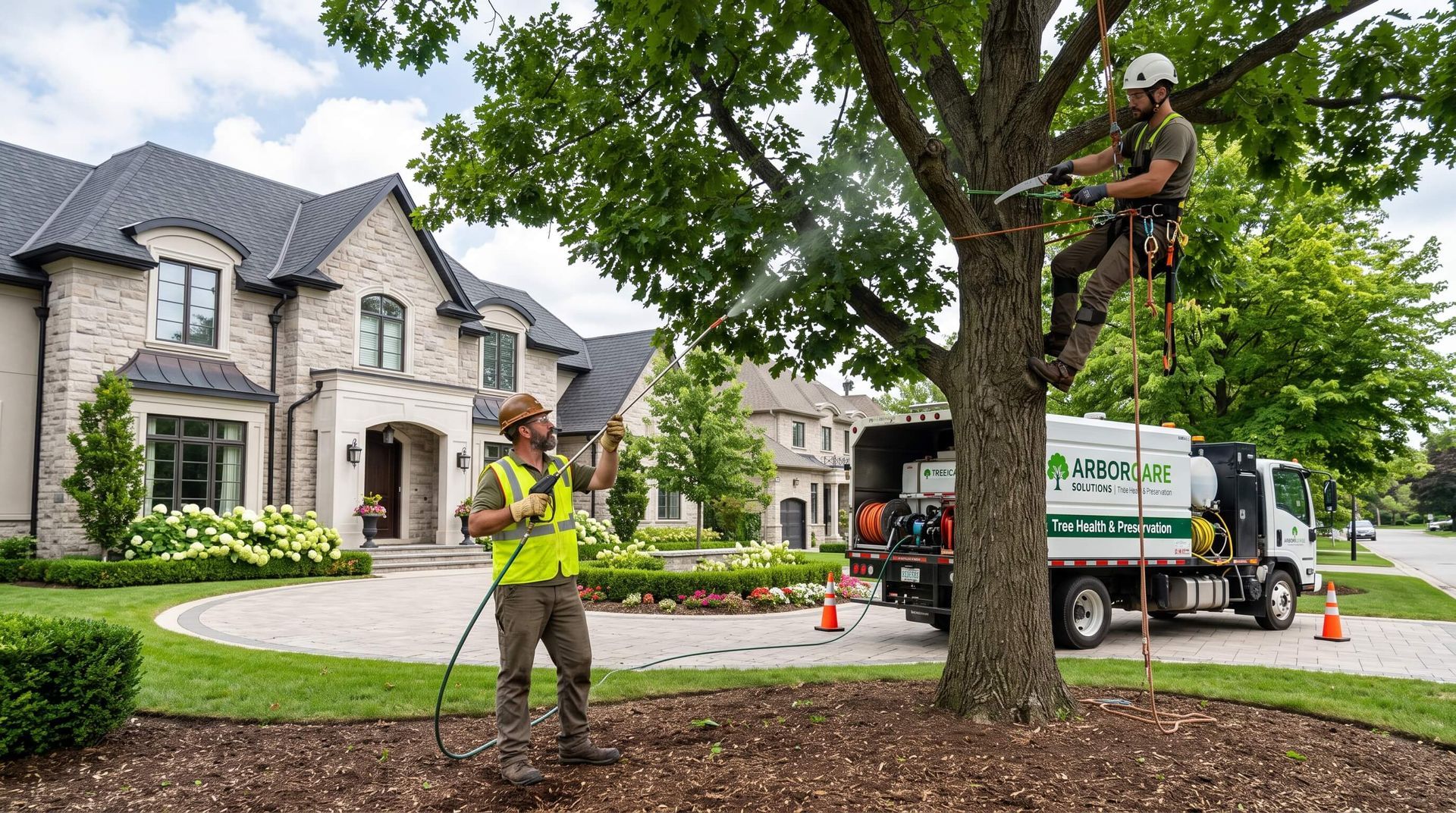 tree service worker sprays branches of tree in front yard