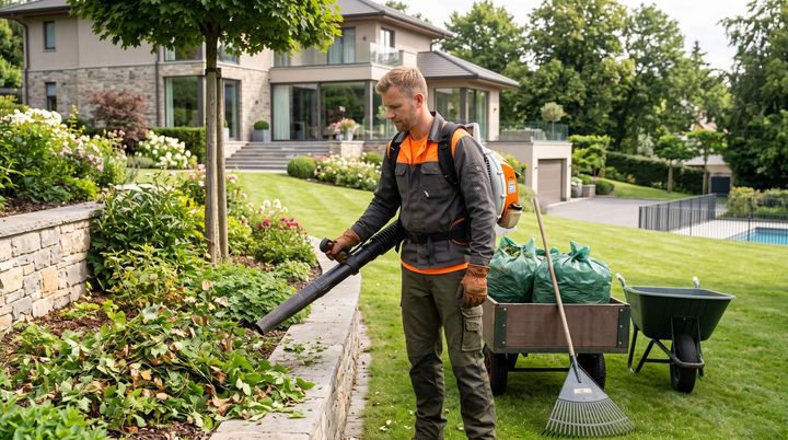 Tree service worker cleaning up green waste