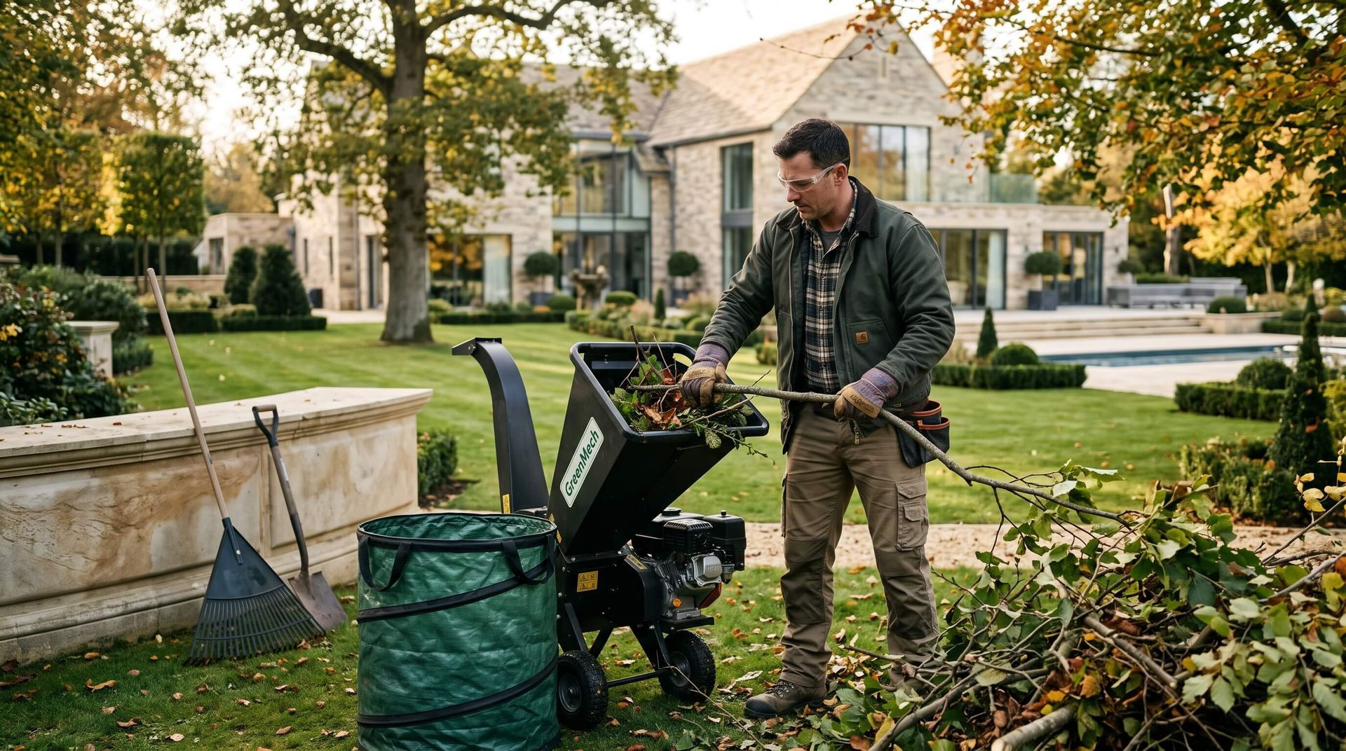 tree service worker places green waste in compositing machine