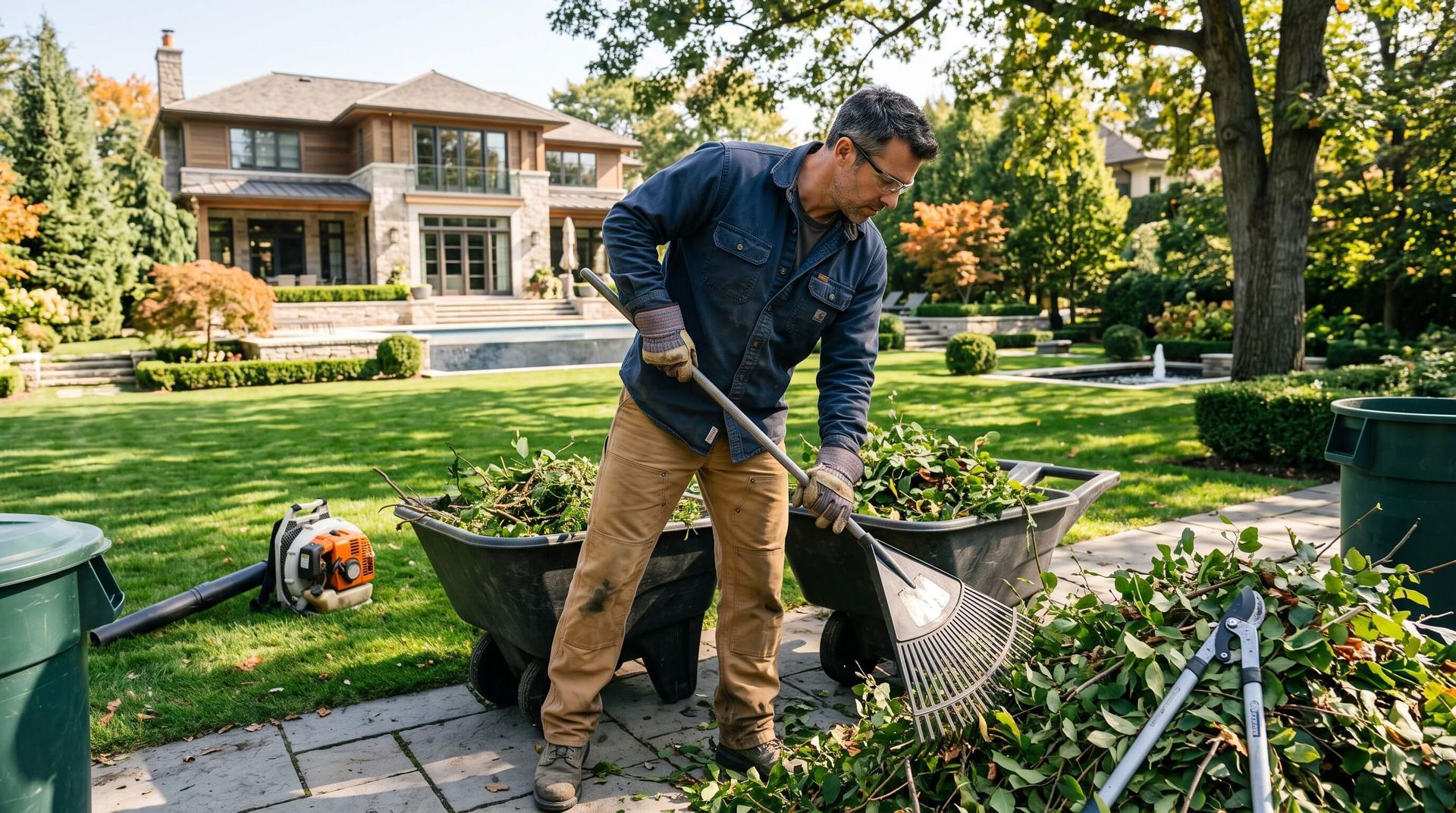 tree service worker rakes green waste and places into waste bins