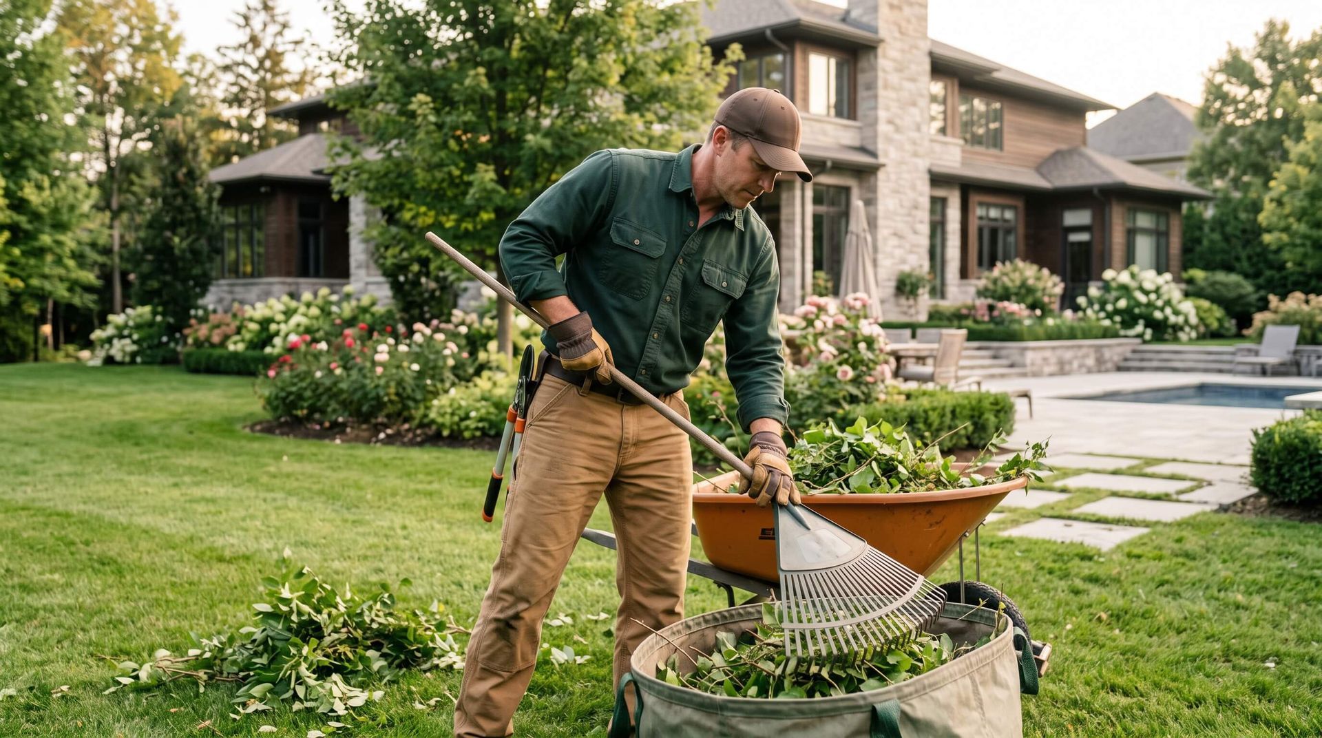 tree service worker places raked green waste into trash bucket