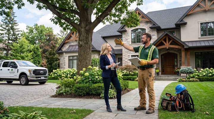 tree service worker providing arborist consultation to female homeowner