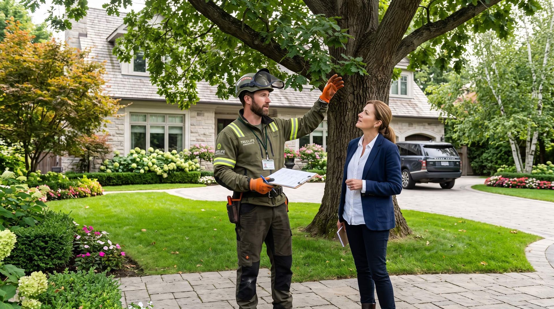 arborist consultant explaining to homeowner benefits of tree service