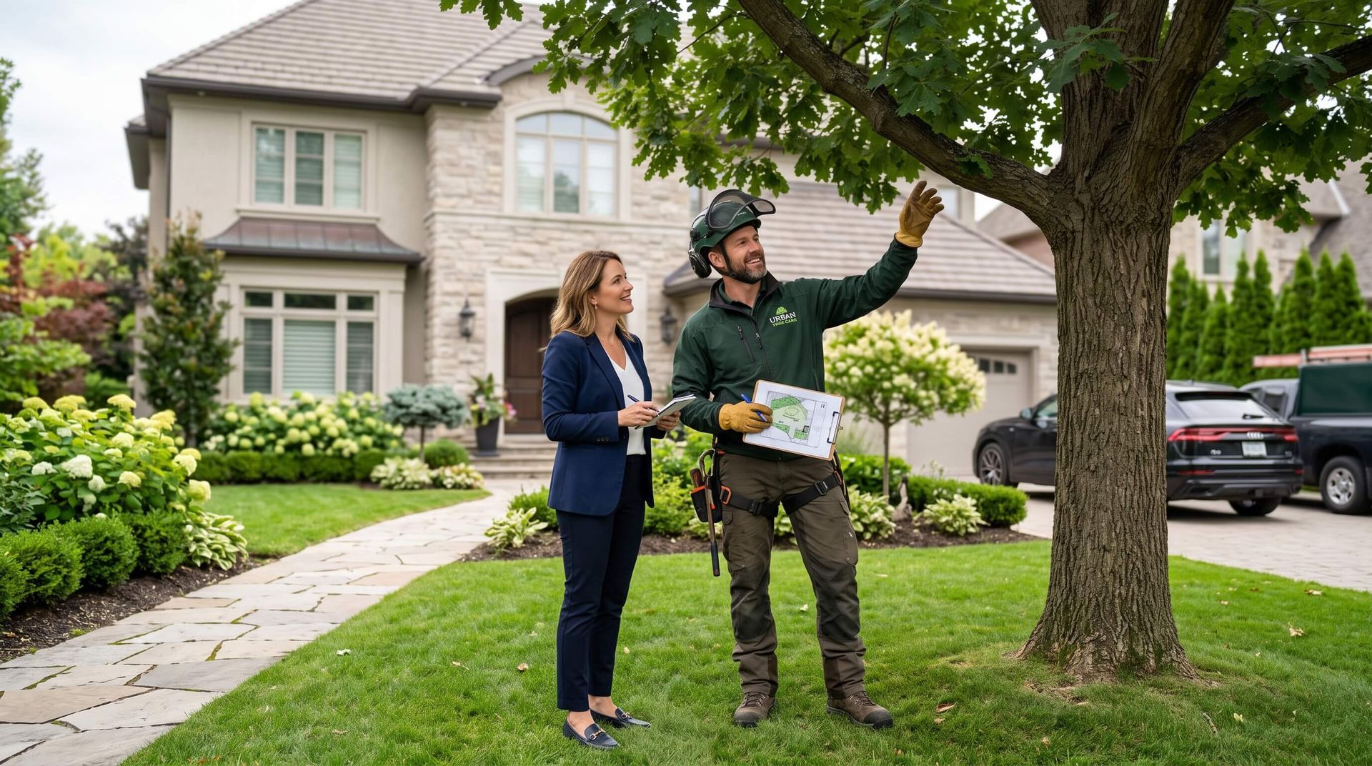 arborist consultant showing homeowner the service needed for a particular tree in her yard