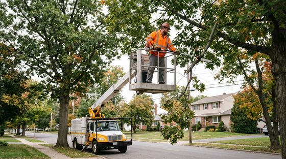 Tree service worker pruning & trimming tree while in a truck lift