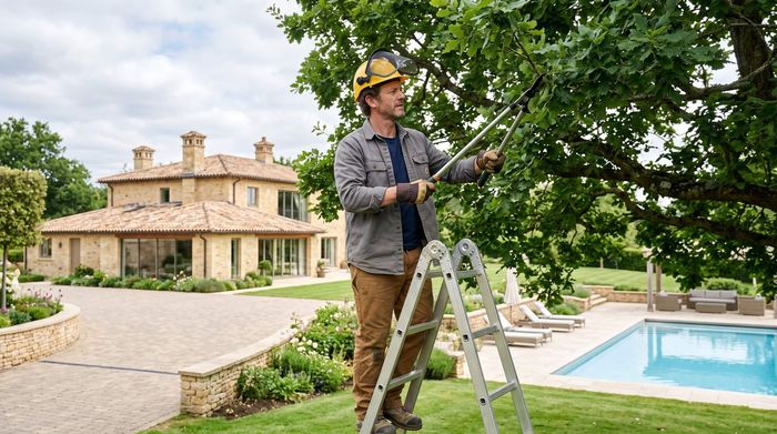 Tree service worker pruning tree