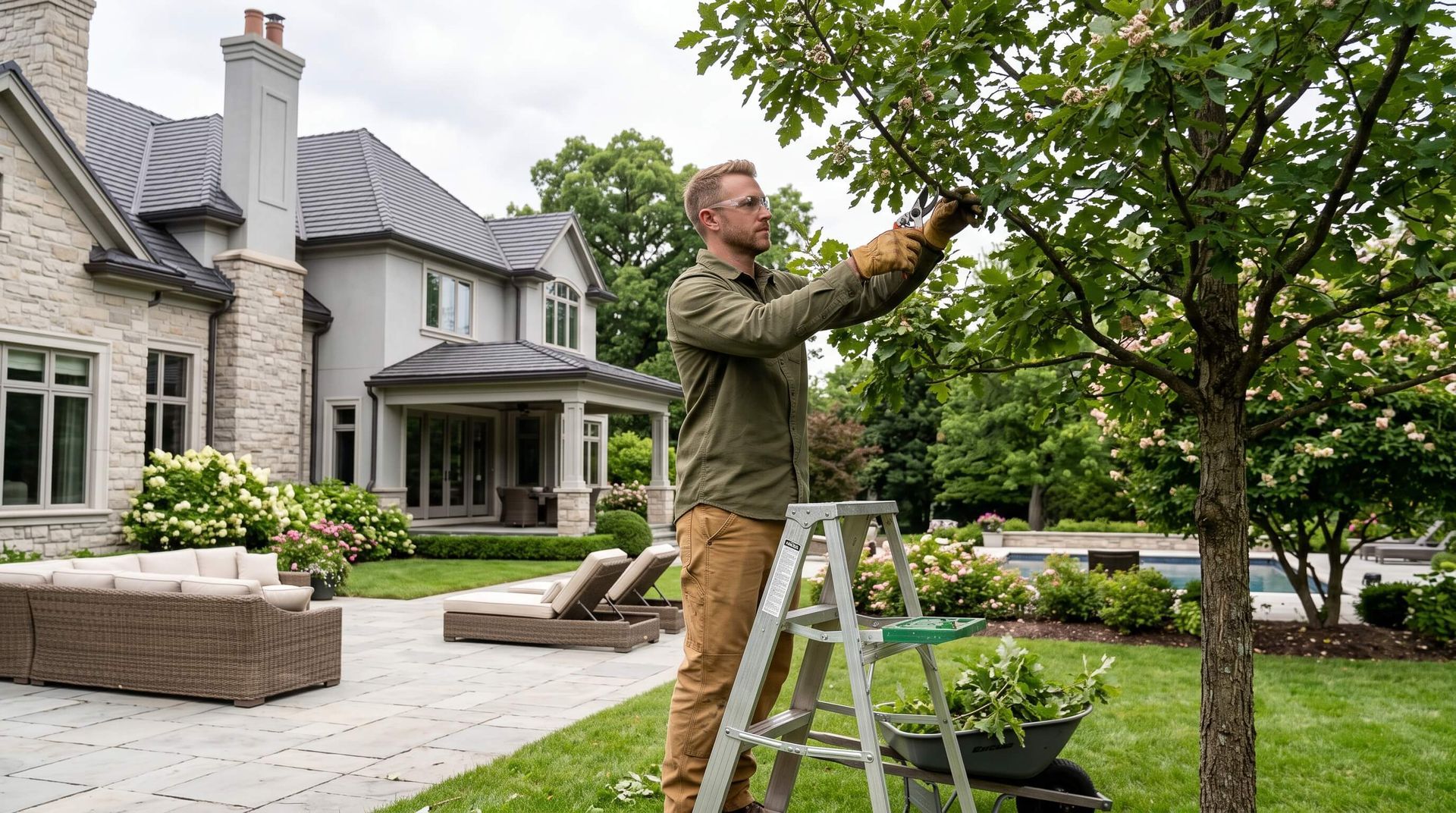 tree service worker on ladder pruning tree