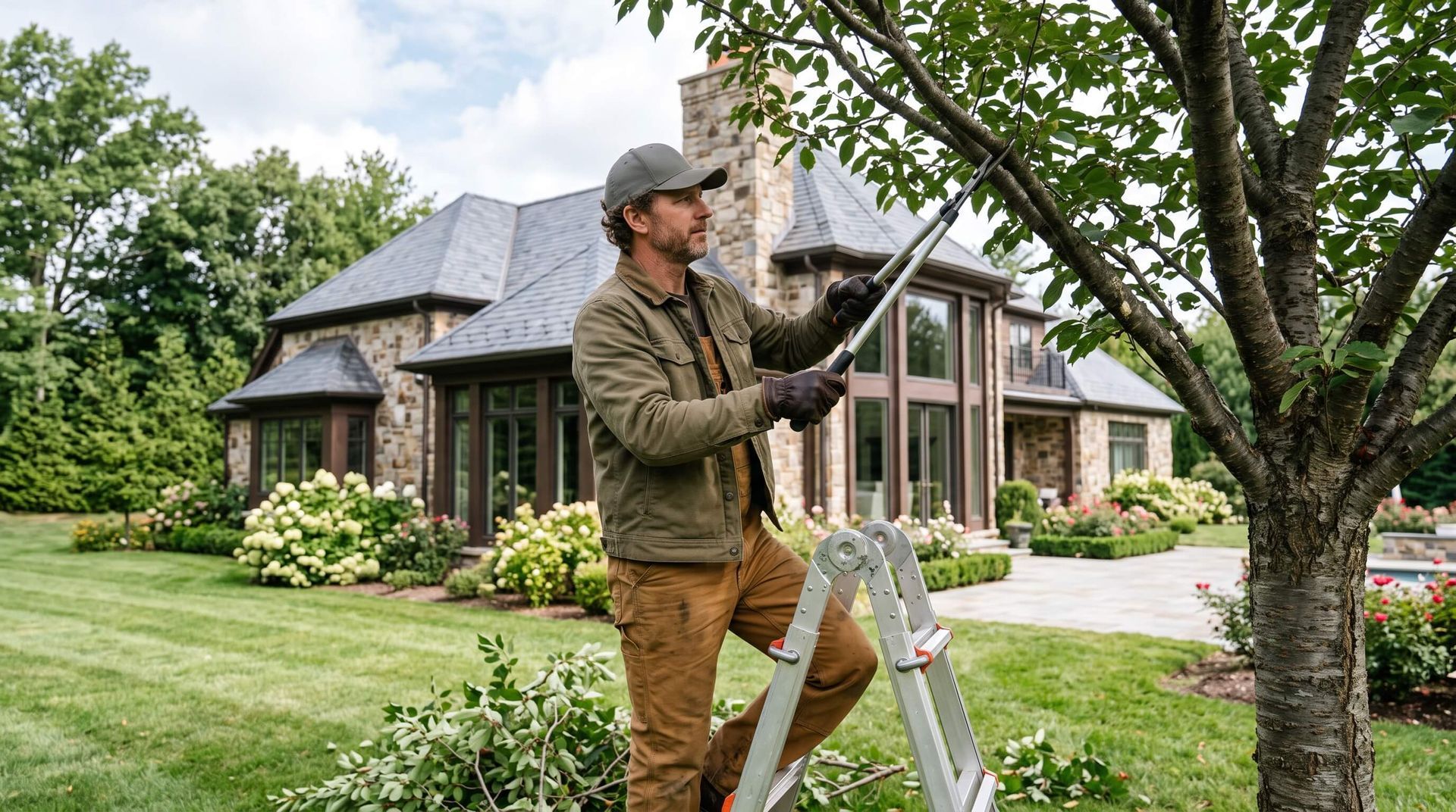 tree service worker on ladder trimming tree